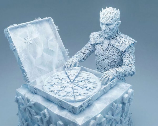 Intricate Snowflake Sculpture of Night King with Pizza