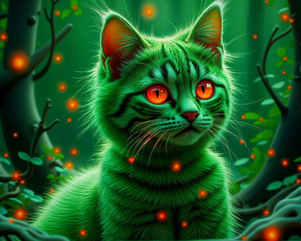 Mystical Green Cat in Enchanted Forest Setting