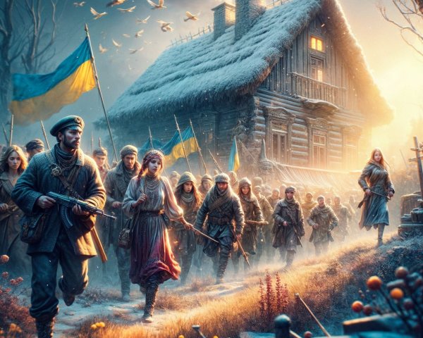 Figures Marching Toward a Rustic House in Snowy Setting