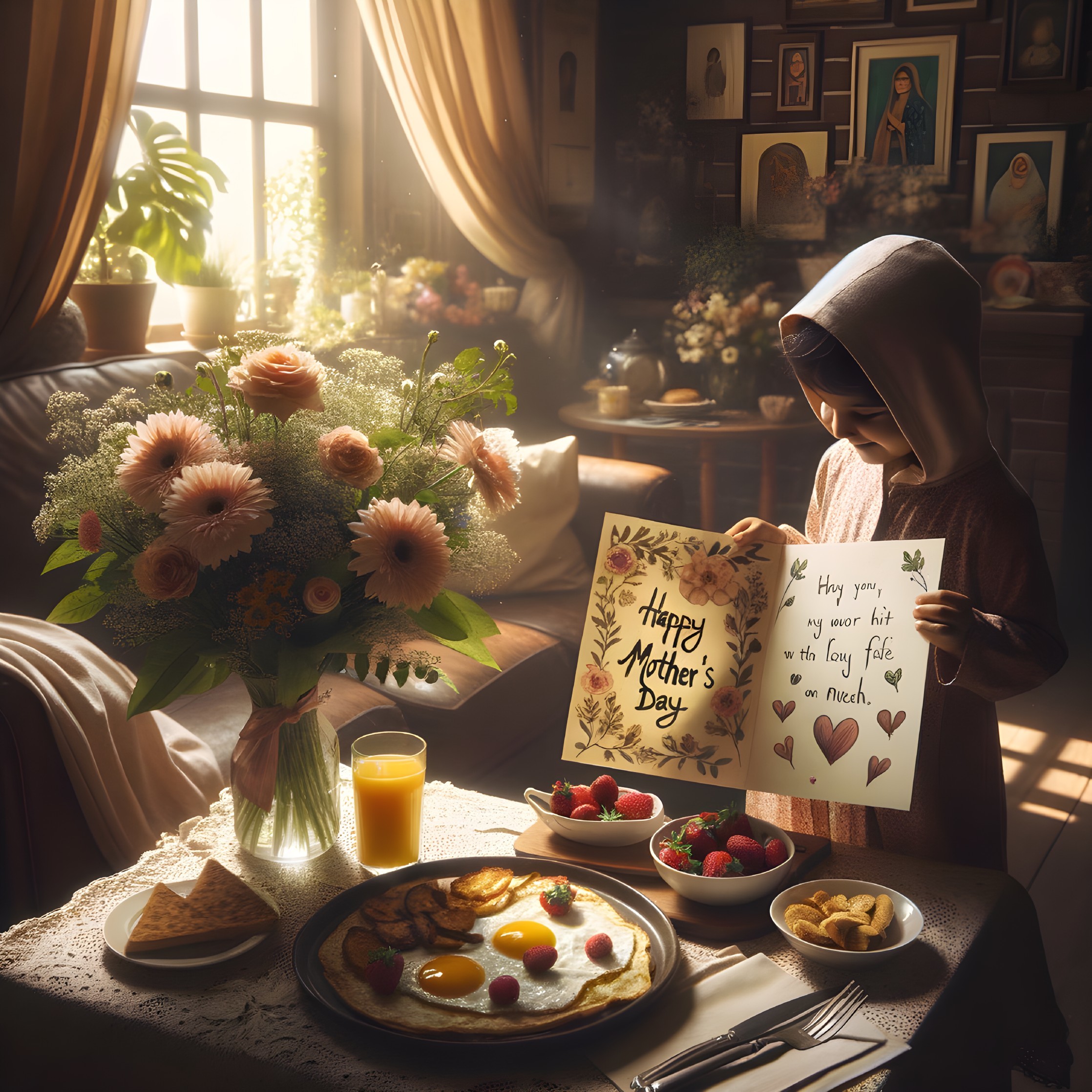 Cozy Sunlit Room with Mother's Day Card and Breakfast Spread
