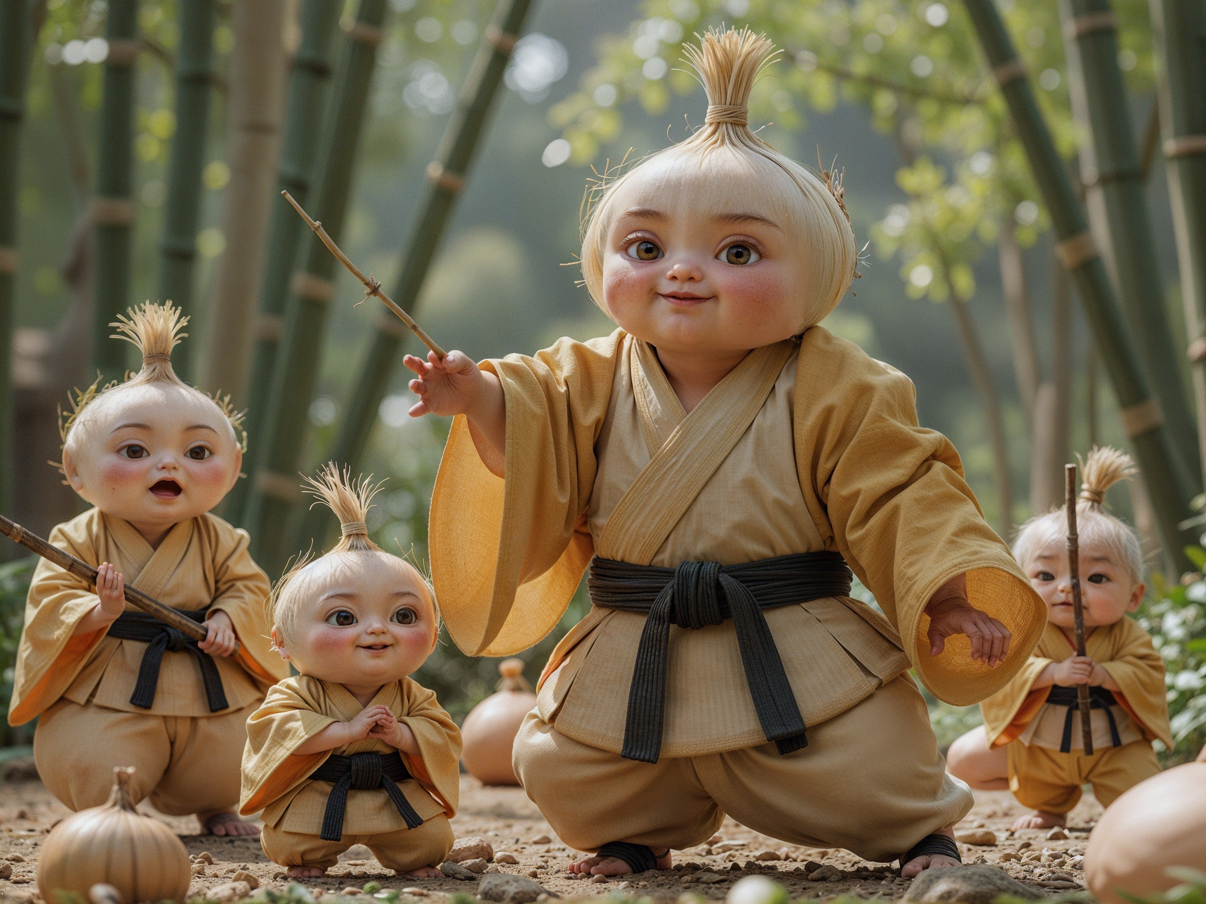 Charming Scene of Children in Bamboo Forest Karate Attire
