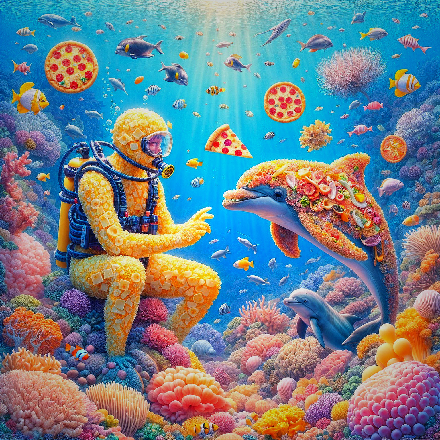 Vibrant Underwater Scene with Diver and Dolphin Interaction