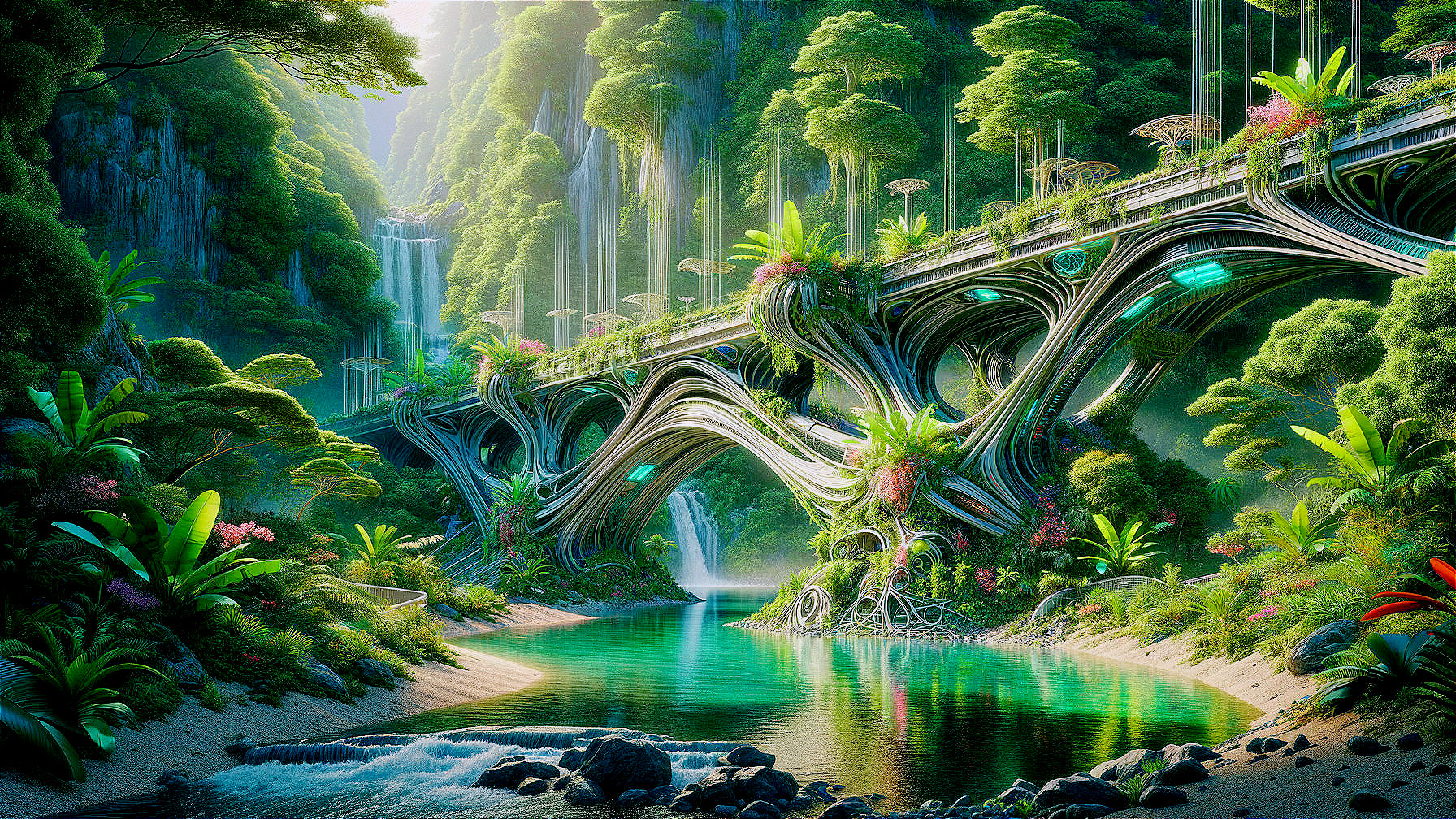 Futuristic Jungle Landscape with Bio-Organic Bridge
