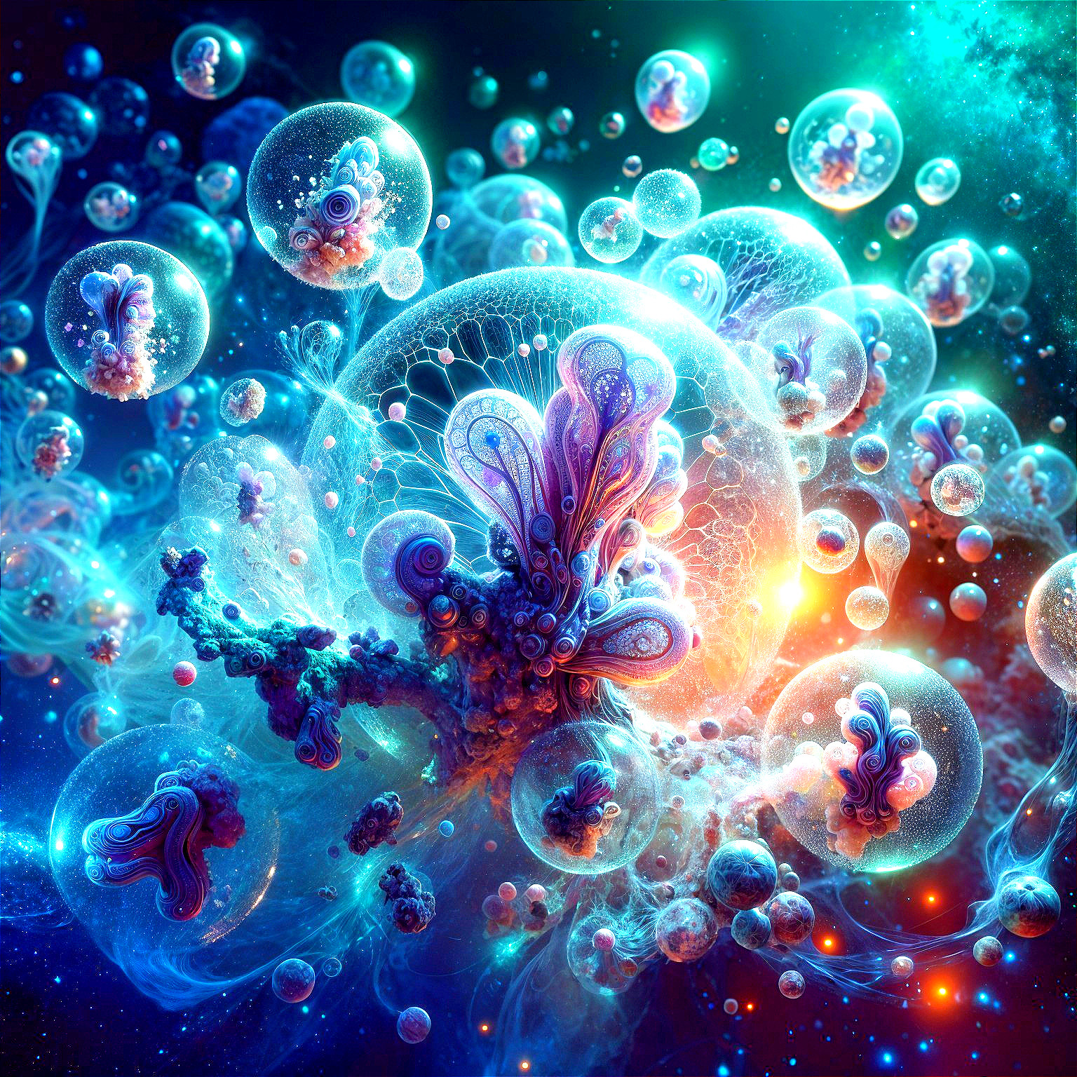 Cosmic Scene with Iridescent Bubbles and Patterns
