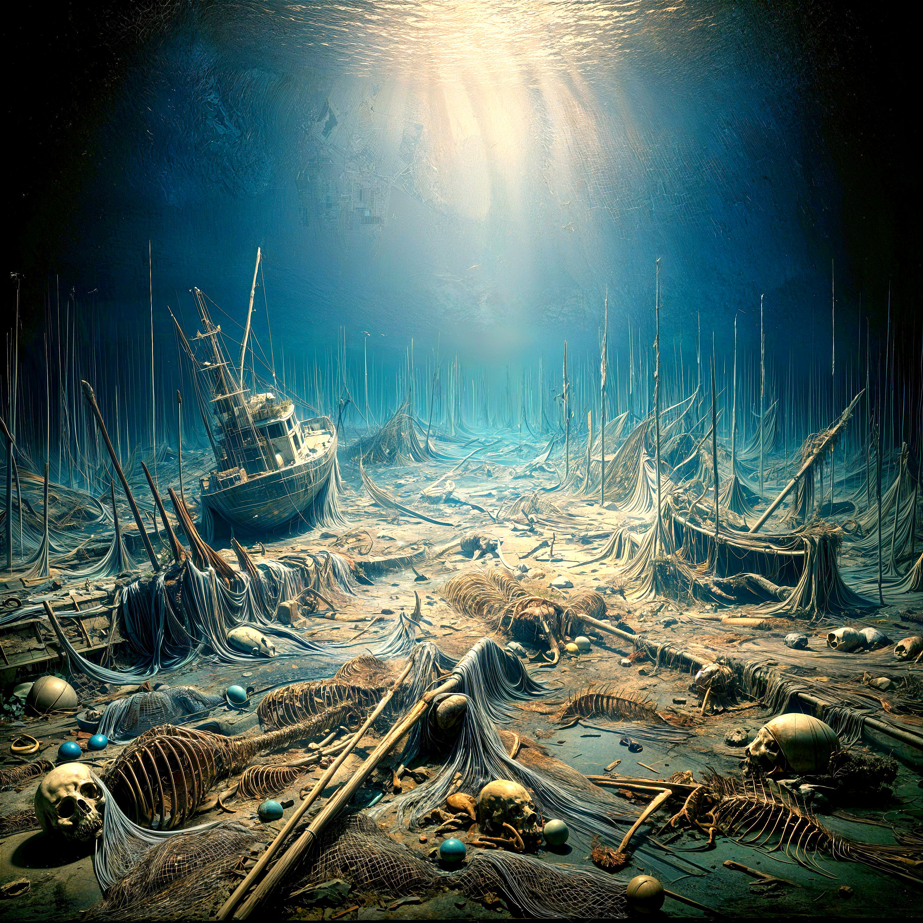 Underwater Scene of a Sunken Ship with Skeletons