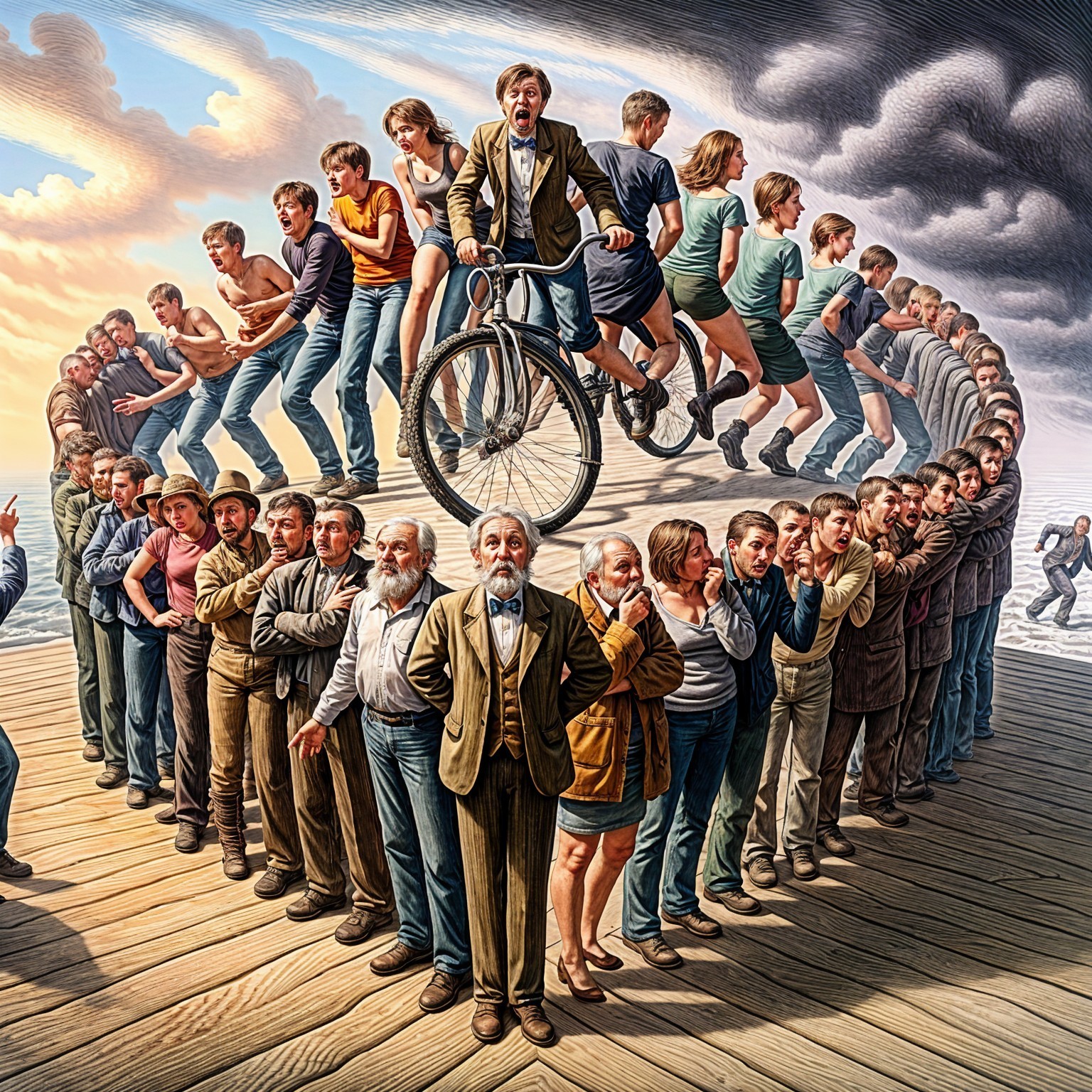 Surreal Gathering of Diverse People on Wooden Pier