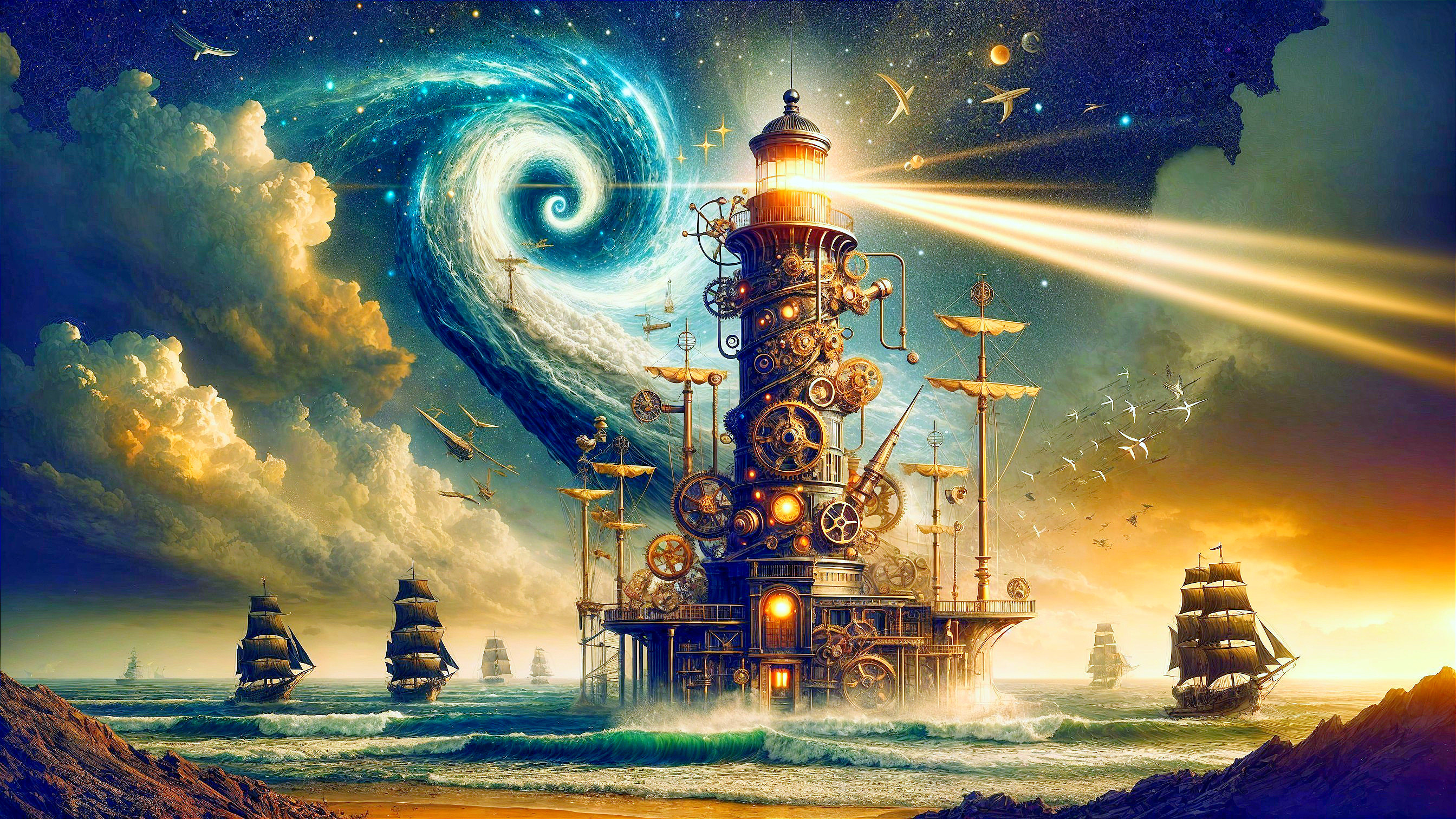 Steampunk Lighthouse on Rocky Shore with Sailing Ships