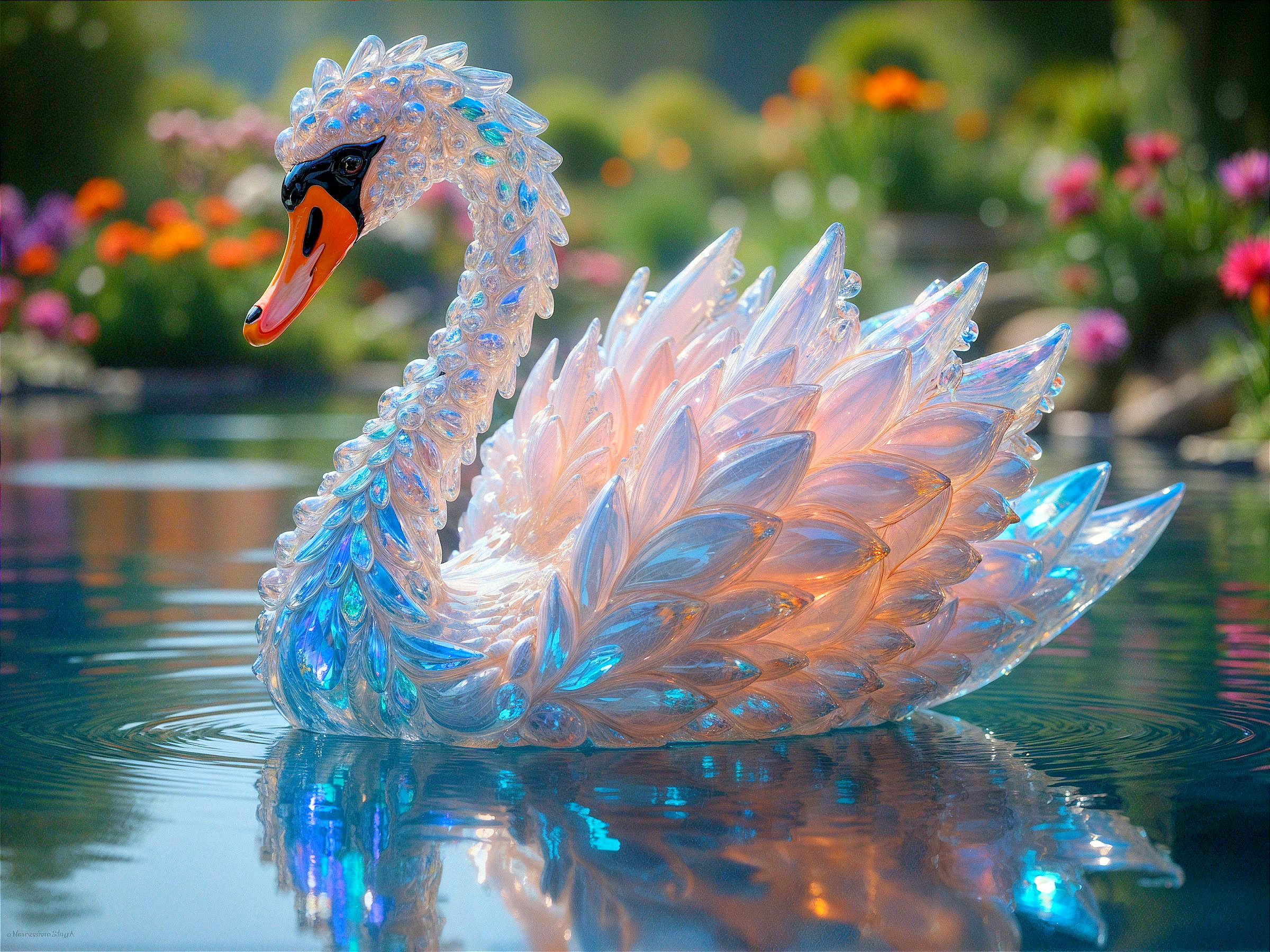 Glass Swan on Reflective Water Surrounded by Flowers