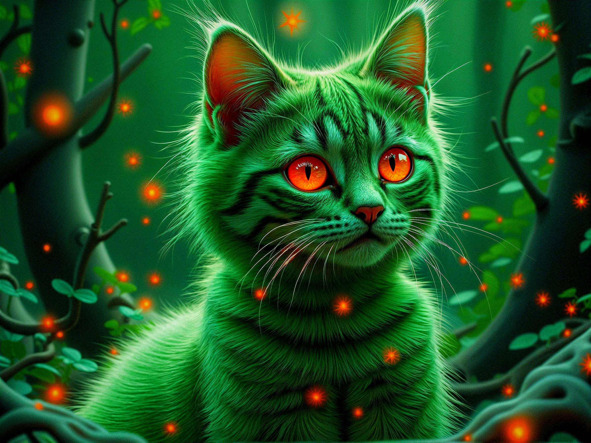 Mystical Green Cat in Enchanted Forest Setting