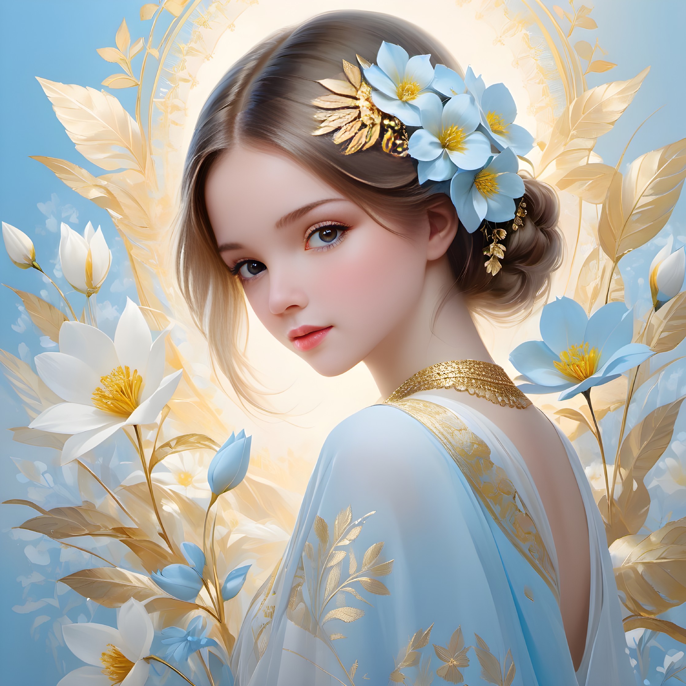 Young Woman in Floral Hairpiece and Elegant Robe