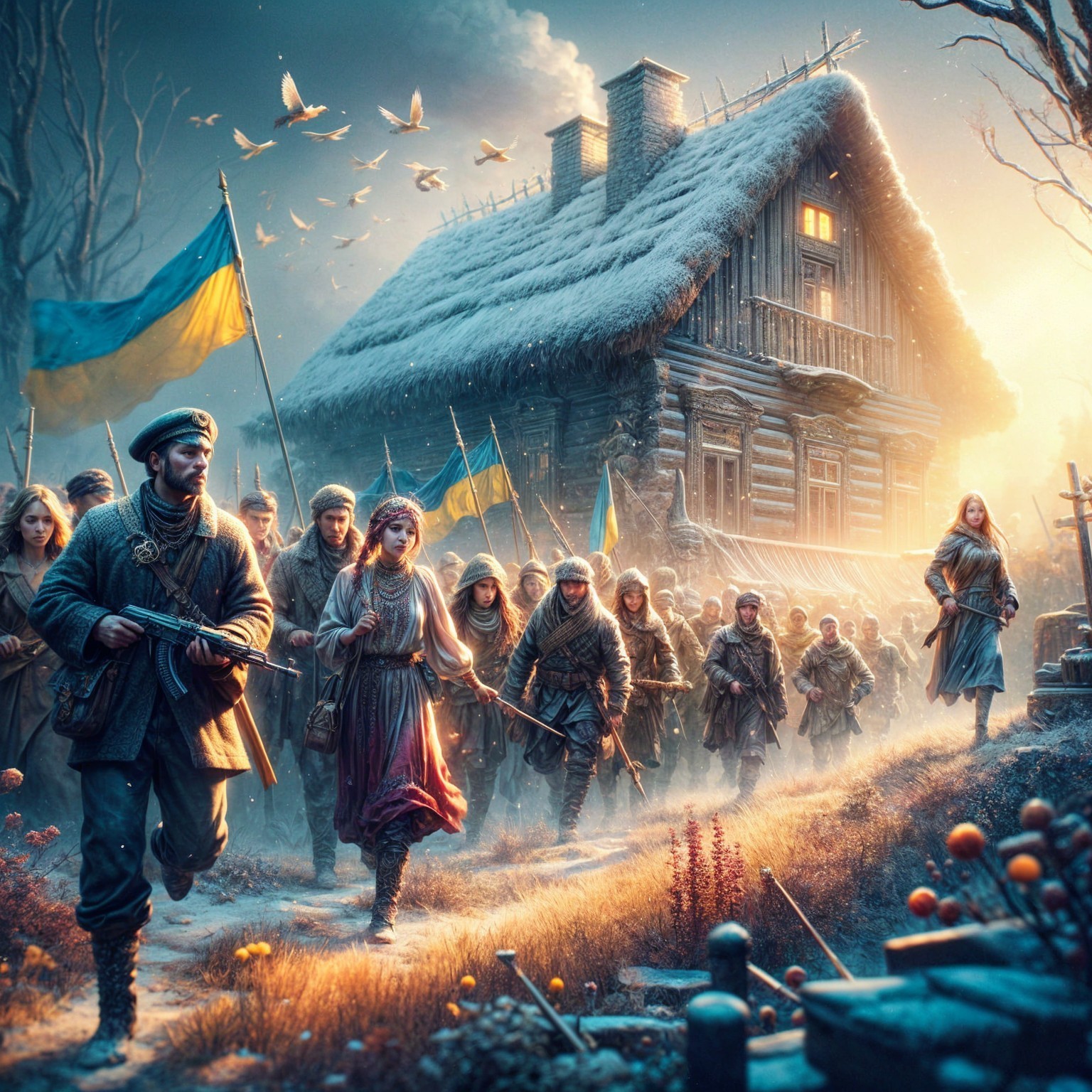 Figures Marching Toward a Rustic House in Snowy Setting