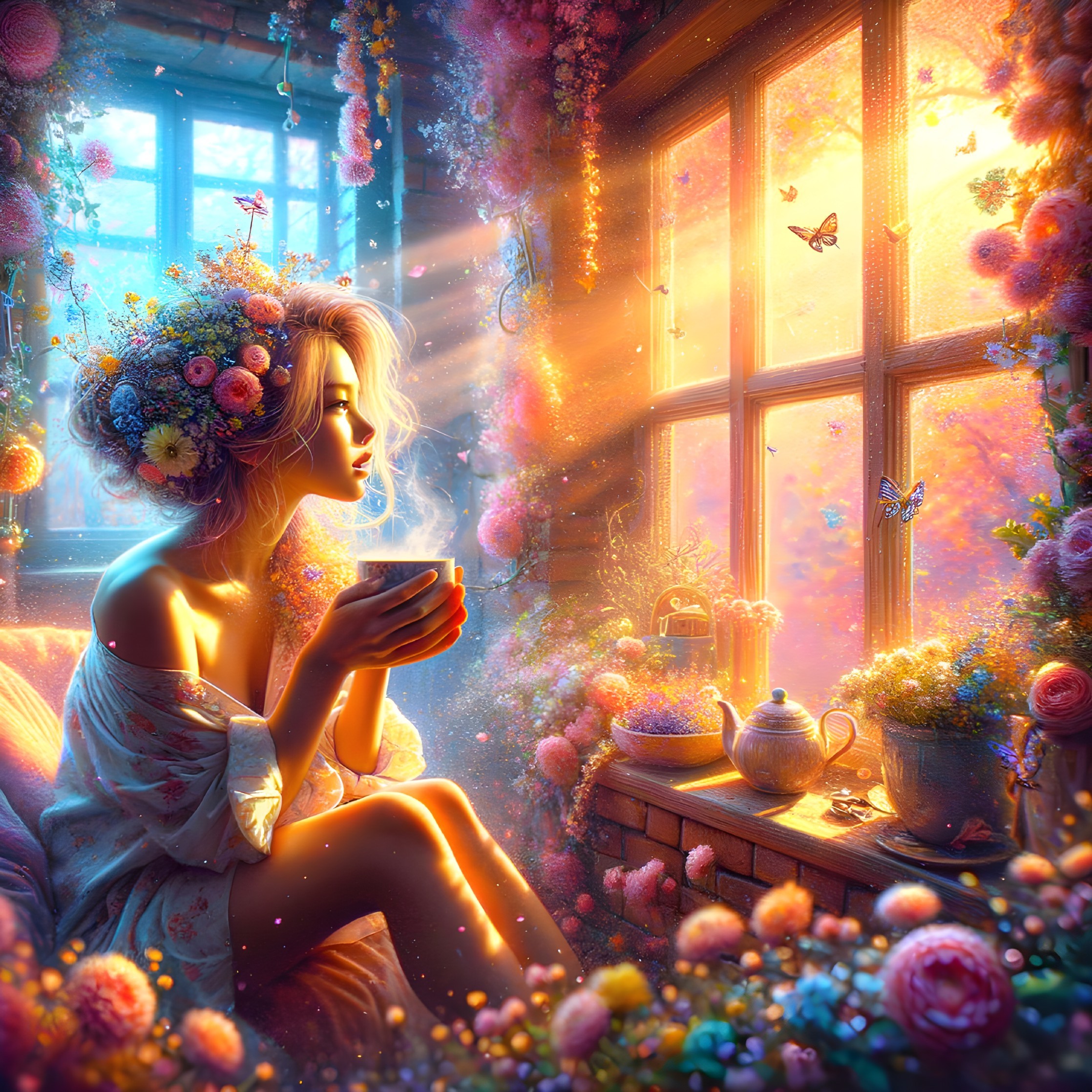Serene Woman with Flowers by Sunlit Window