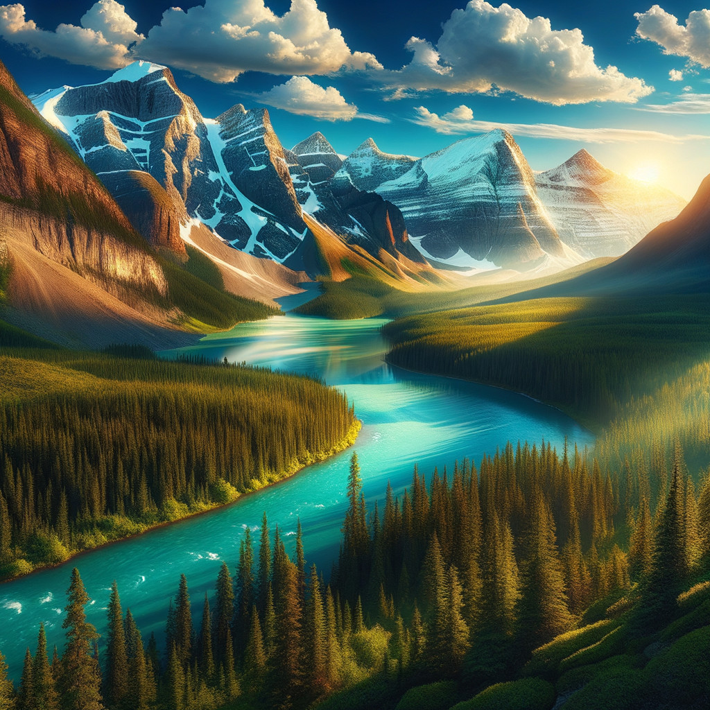 Majestic Snow-Capped Mountains and Serene River Landscape
