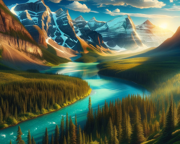 Majestic Snow-Capped Mountains and Serene River Landscape