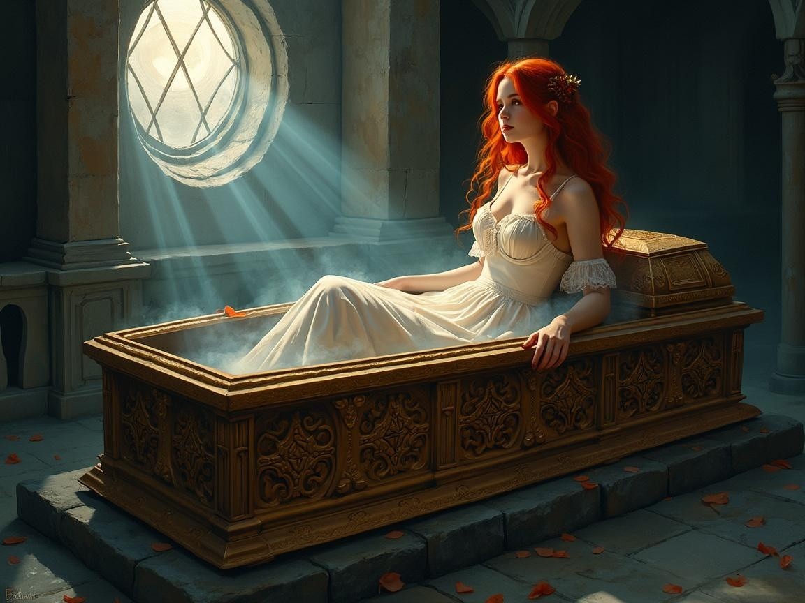 Serene Ancient Chamber with Woman in Ornate Coffin