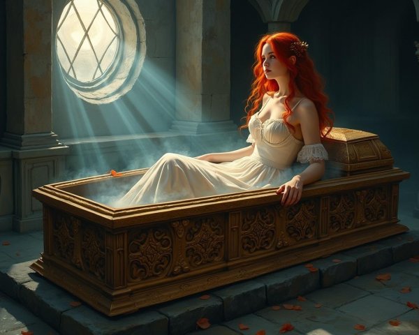 Serene Ancient Chamber with Woman in Ornate Coffin