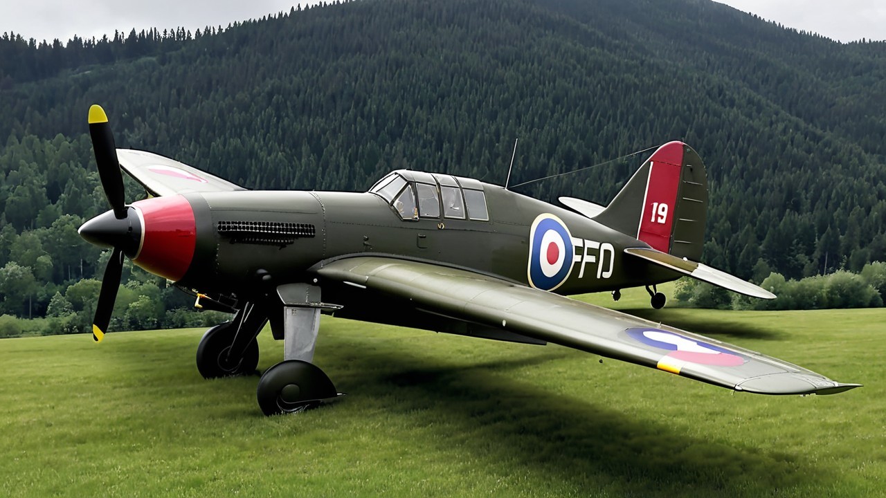 Dark Green Vintage Military Aircraft on Green Lawn