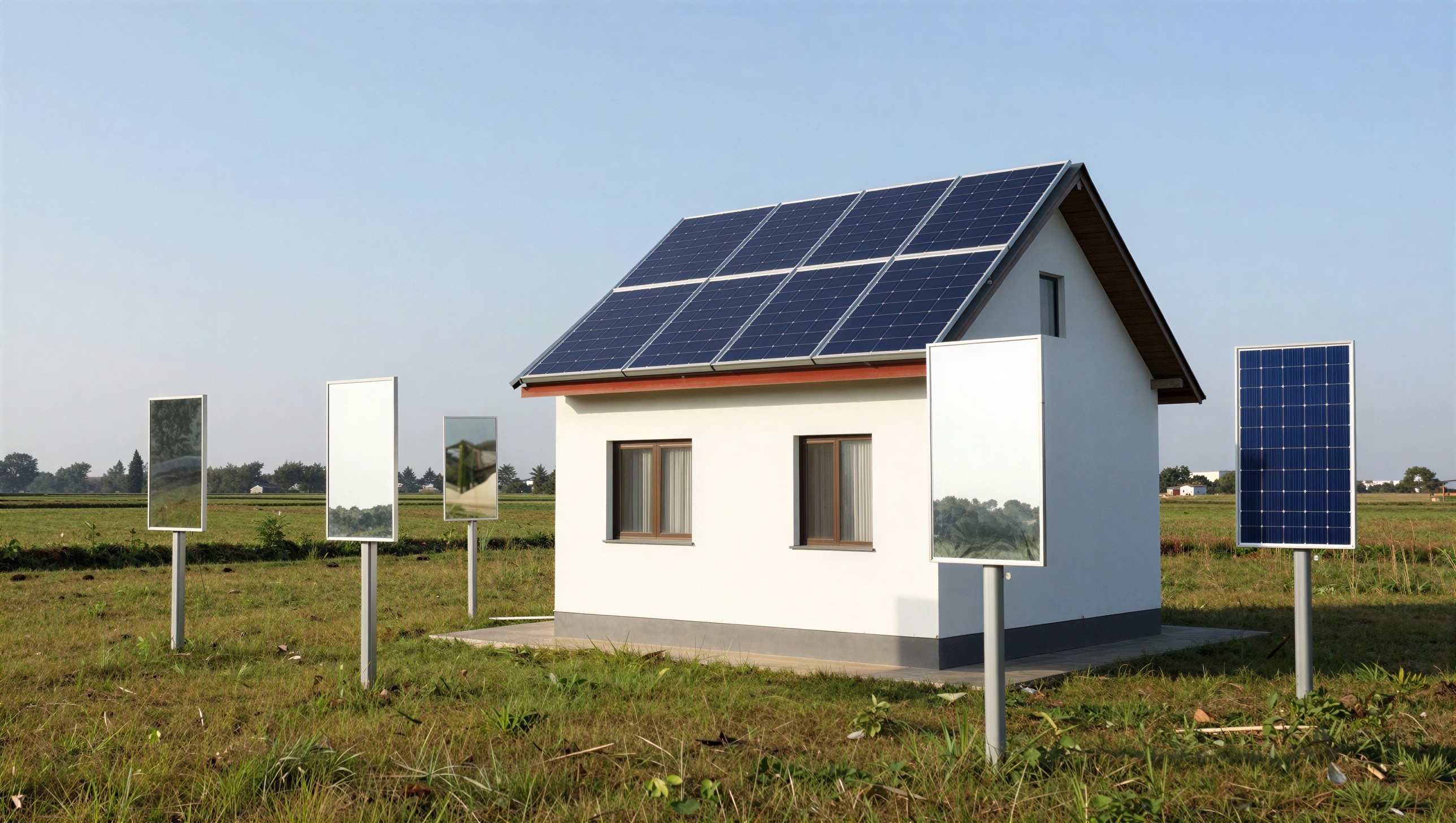 Small White House with Solar Panels in Green Field
