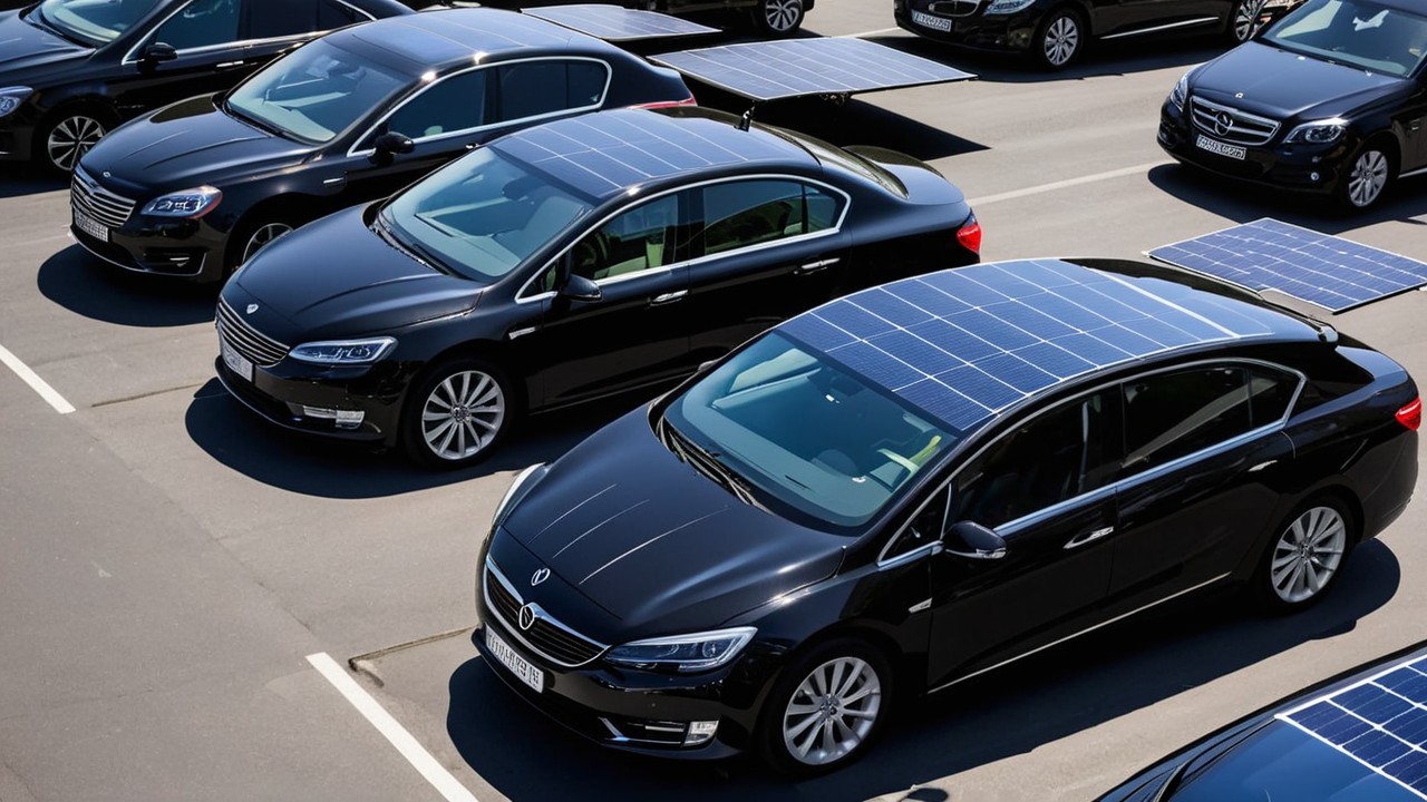 Black Sedans with Solar Panels in Outdoor Parking Lot