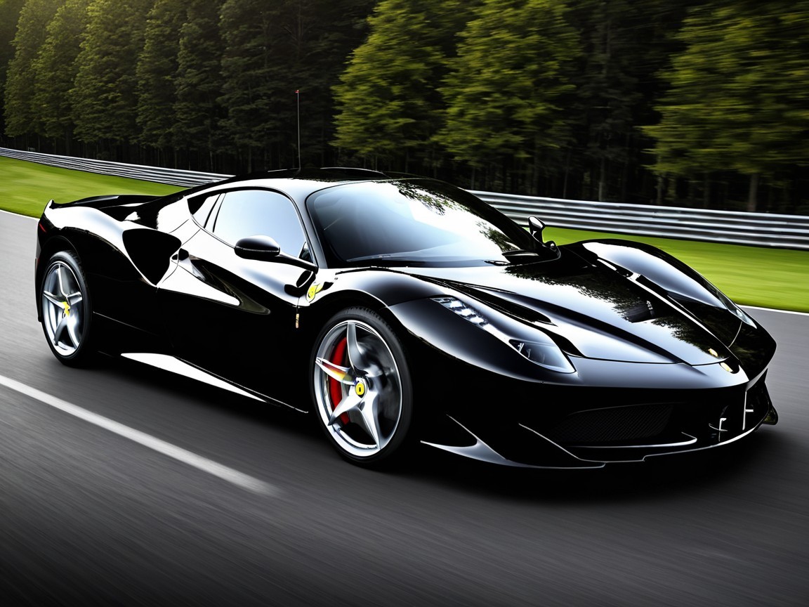 Sleek Black Sports Car on Winding Road with Trees