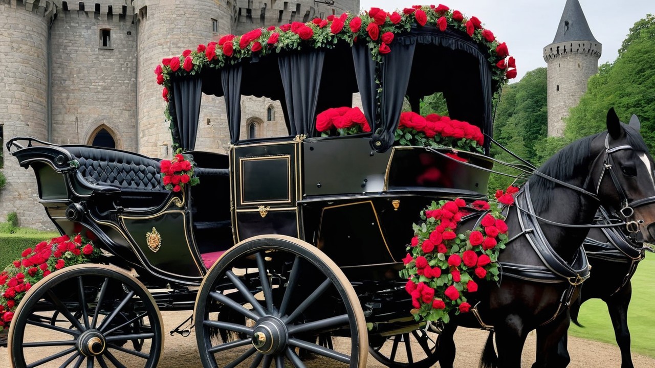 Luxurious Victorian Carriage with Roses and Castle Background
