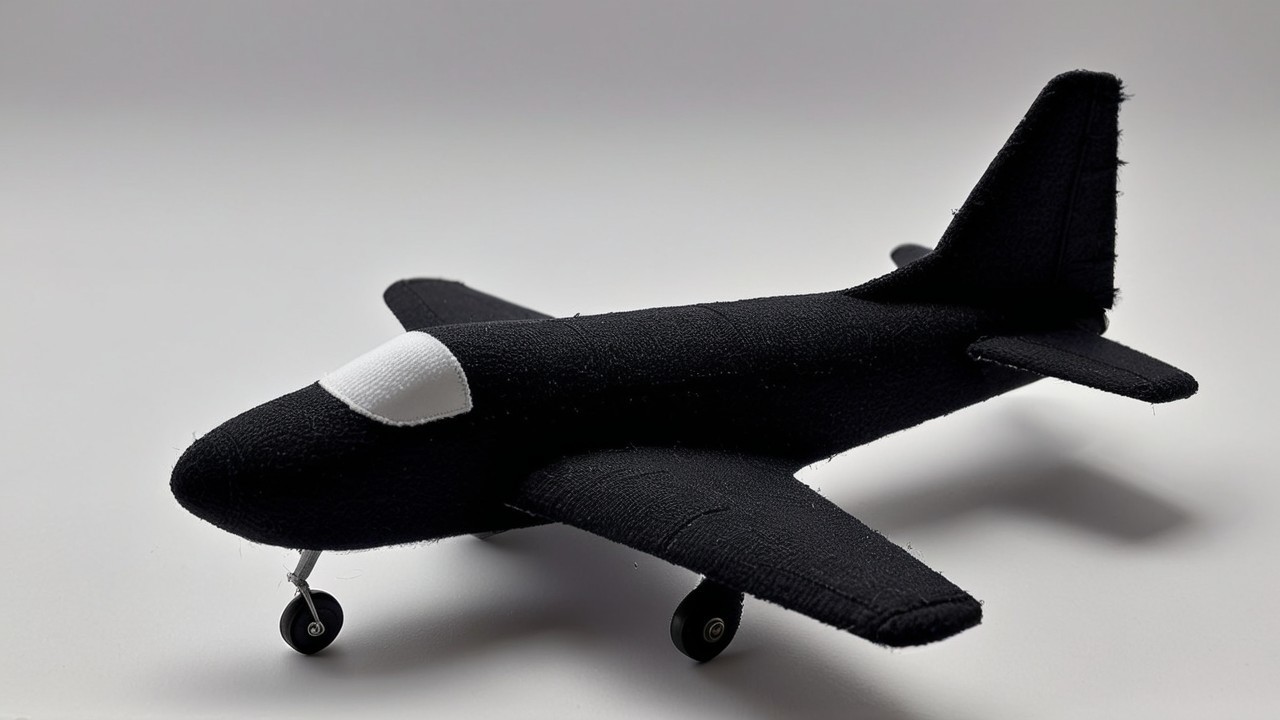 Fuzzy Black Toy Airplane with White Cockpit and Wheels