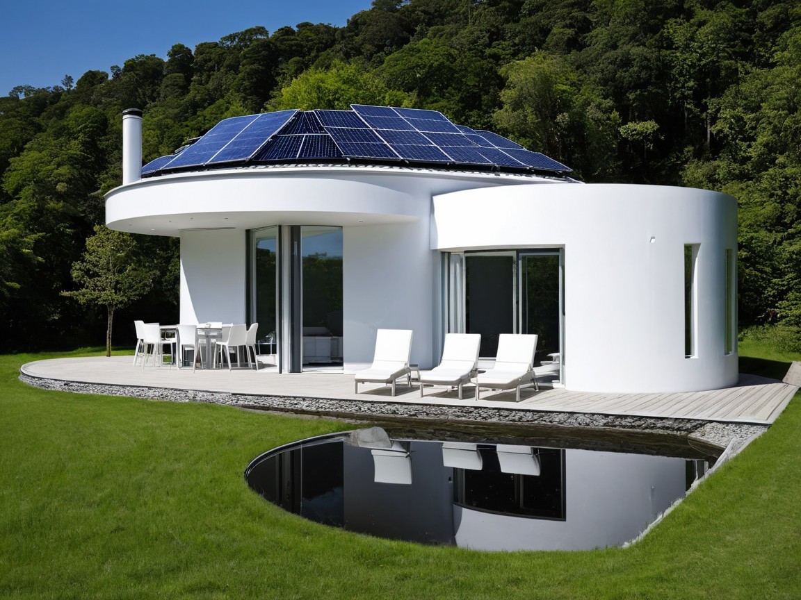 Modern Round White House with Solar Panels and Patio