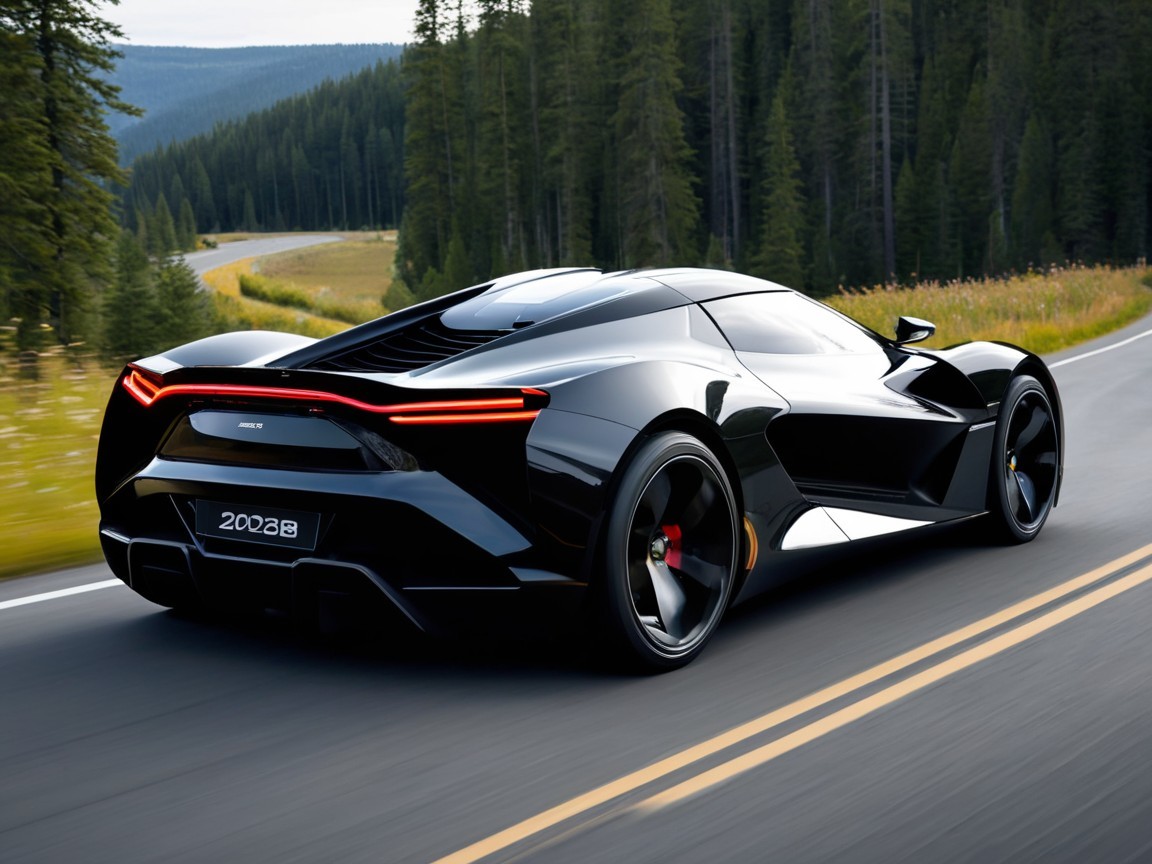 Black Supercar on Winding Road in Lush Landscape