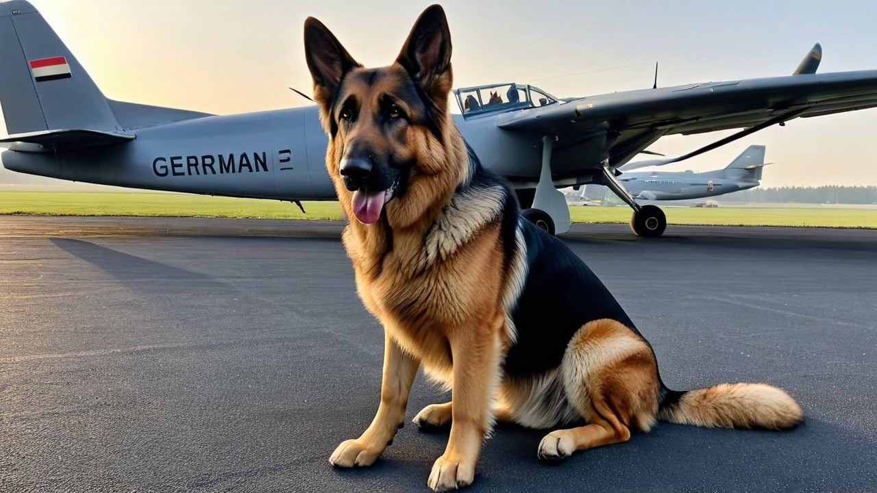 Black and Tan German Shepherd on Asphalt Runway with Planes