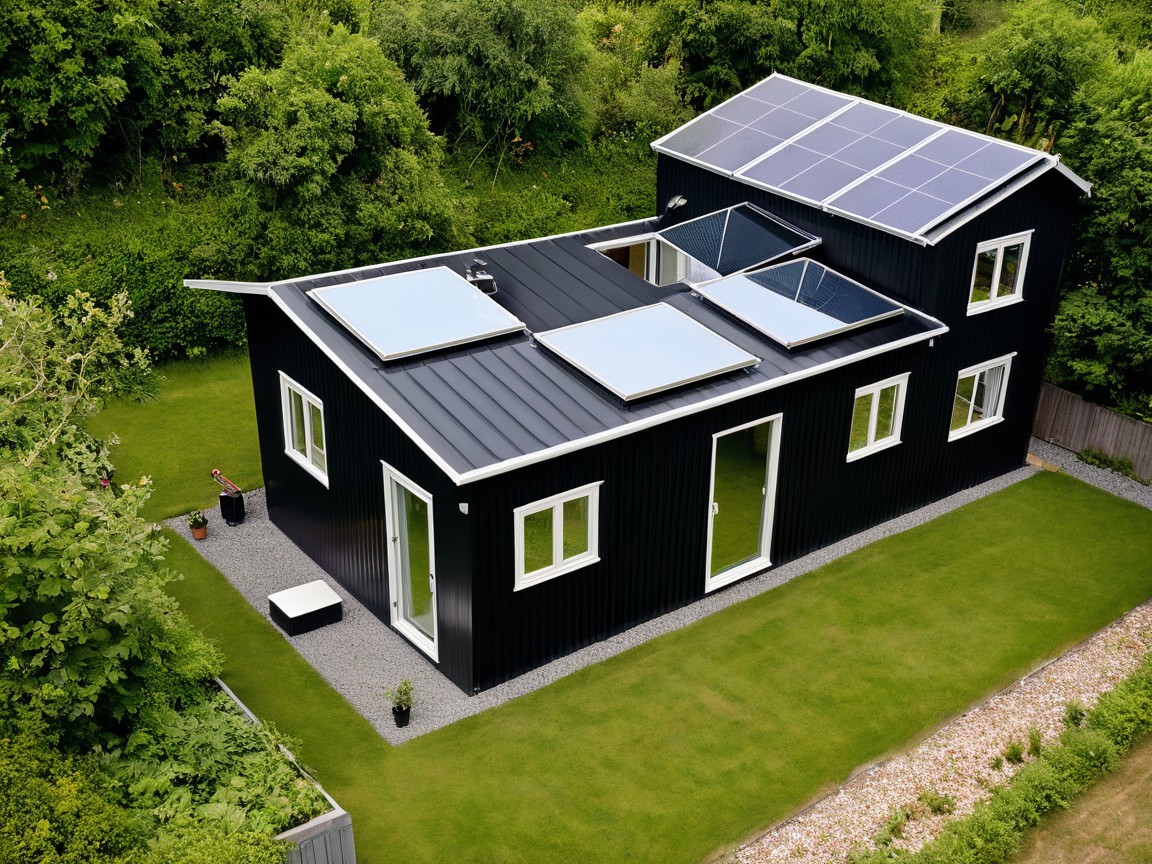 Aerial View of a Modern Black House with Solar Panels