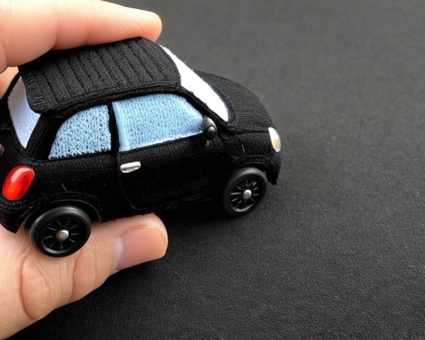 Close-up of a plush black toy car on dark background