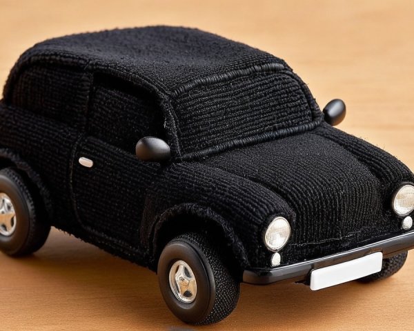 Miniature Black Woolen Vintage Car Close-Up Details