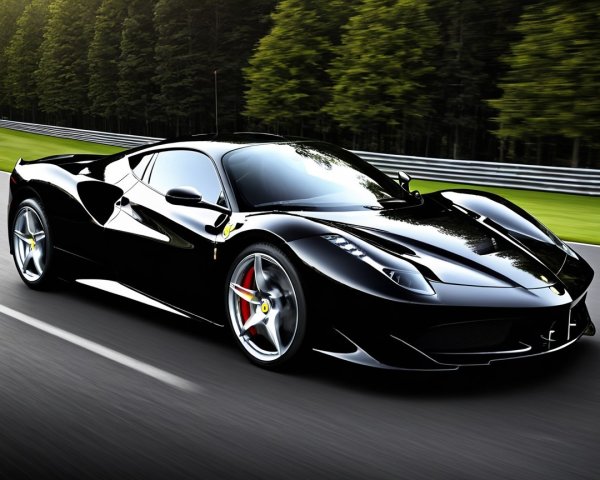 Sleek Black Sports Car on Winding Road with Trees