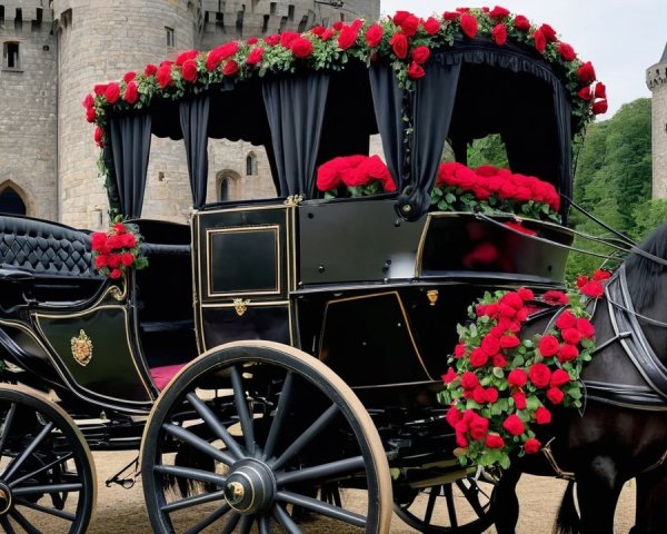 Luxurious Victorian Carriage with Roses and Castle Background