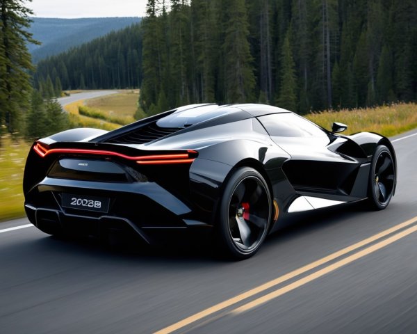 Black Supercar on Winding Road in Lush Landscape