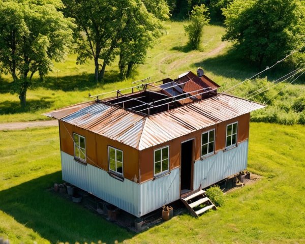 Aerial View of a Small Rectangular House with Garden
