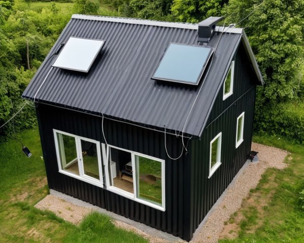 Aerial View of Modern Black House with Solar Panels