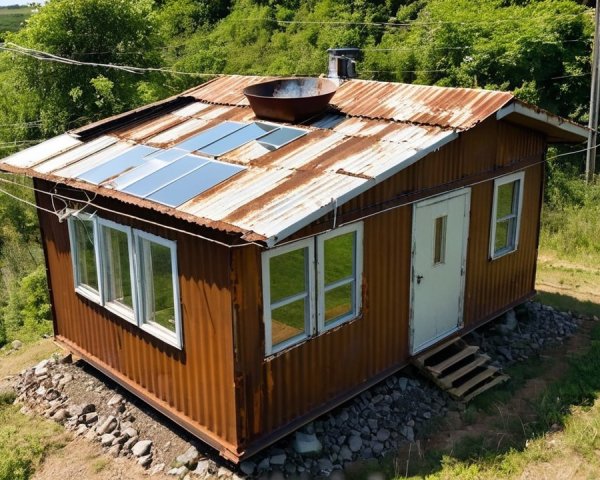 High-angle view of a metal cabin on a hillside