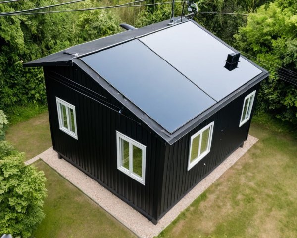 Aerial View of Modern Black-Walled Cabin with Solar Panels