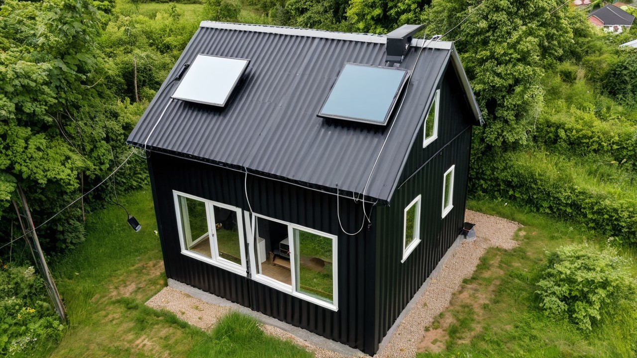 Aerial View of Modern Black House with Solar Panels