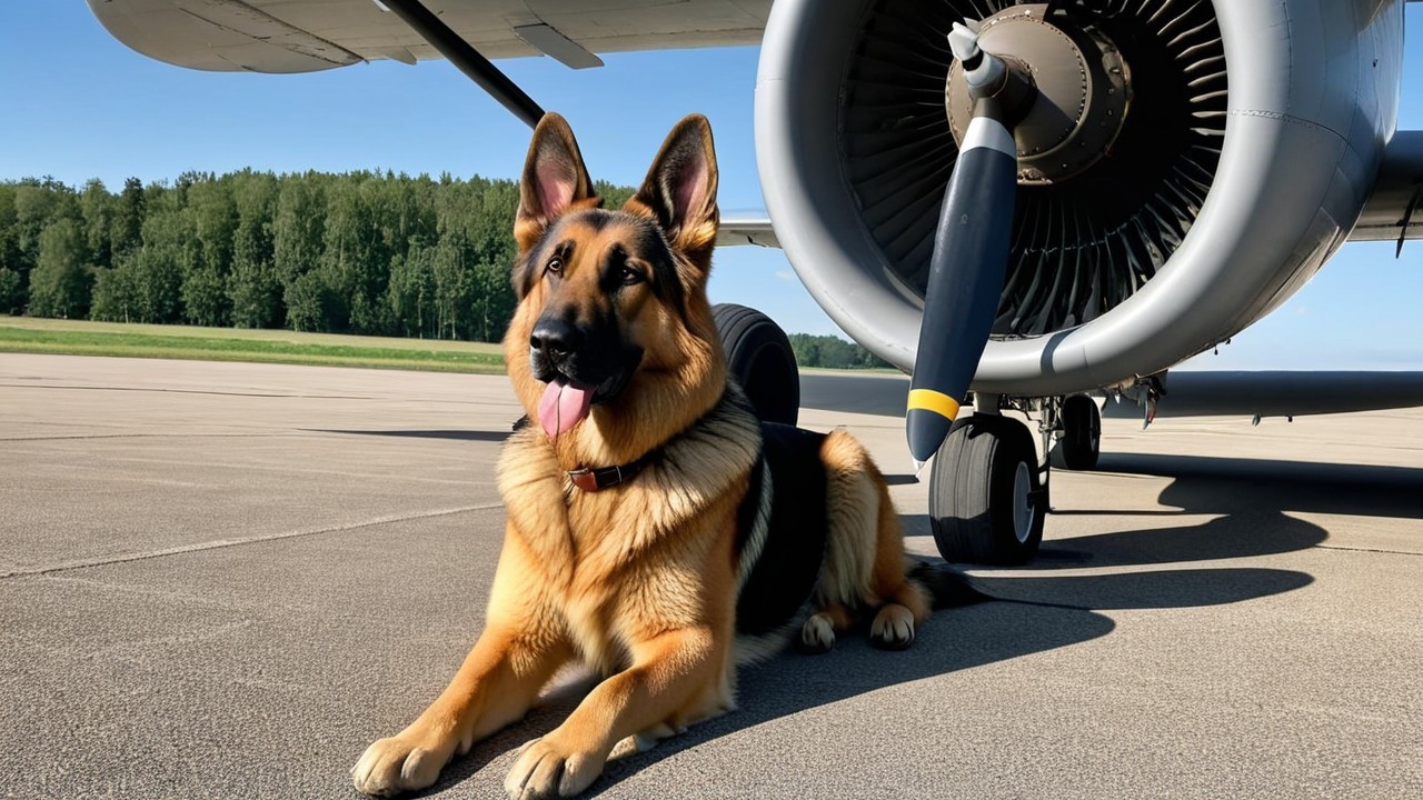 German Shepherd Dog Beside Propeller Plane on Tarmac
