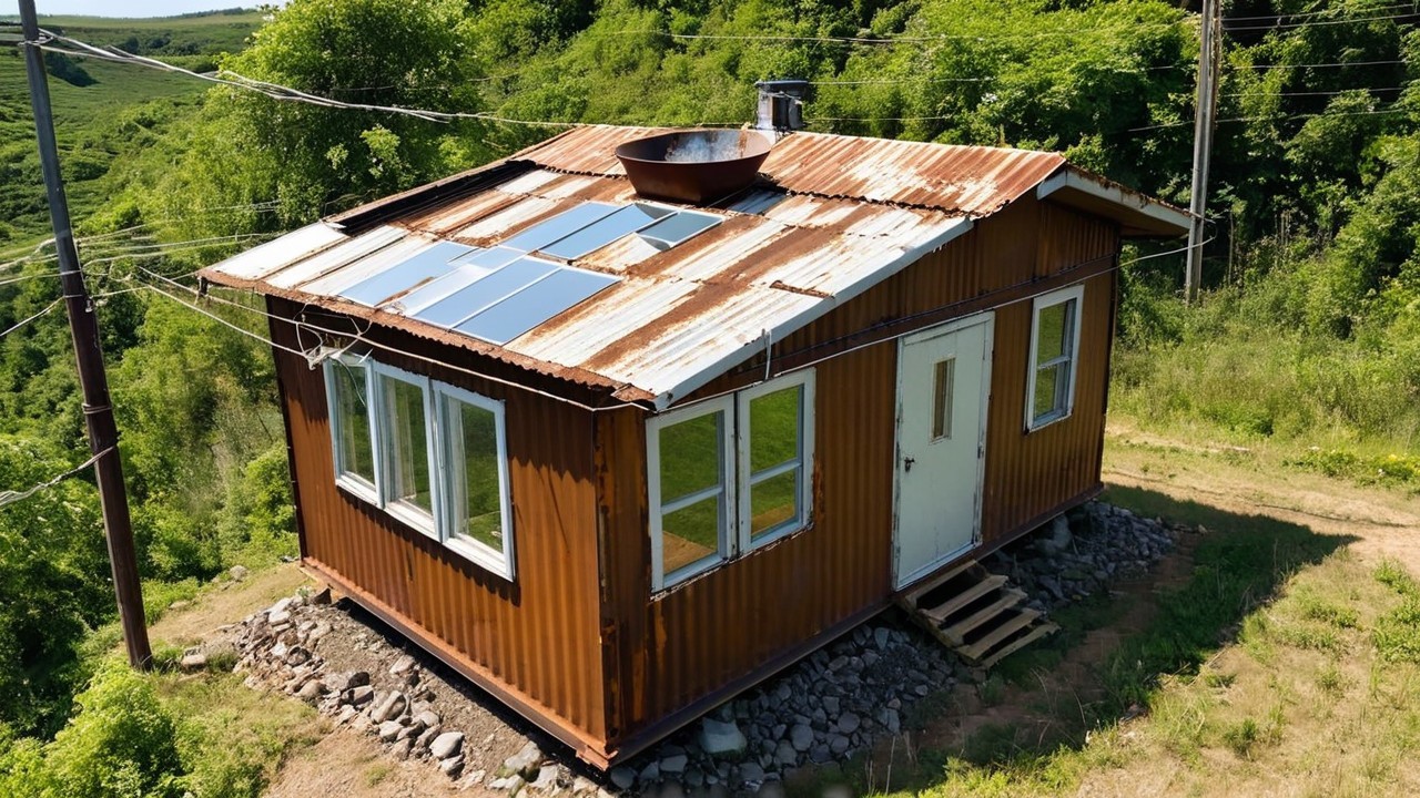 High-angle view of a metal cabin on a hillside