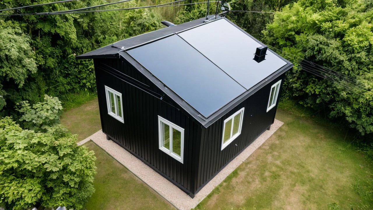Aerial View of Modern Black-Walled Cabin with Solar Panels