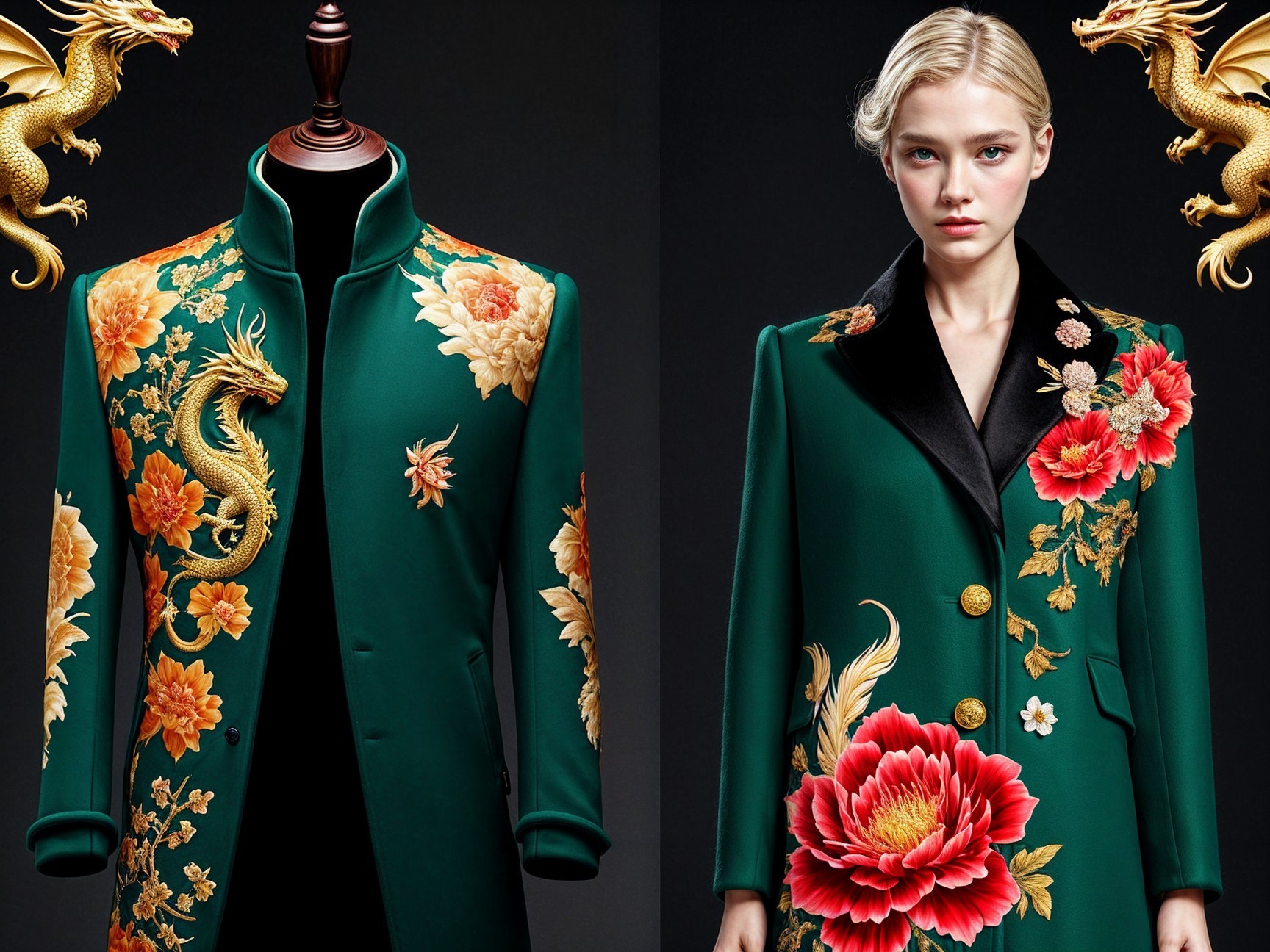 Green Coat with Golden Dragon and Floral Embroidery