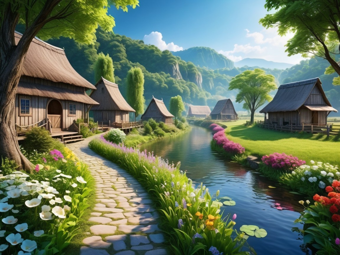 Charming Thatched-Roof Cottages by a Tranquil River