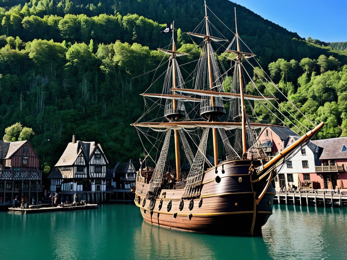 Wooden Ship Docked in Turquoise Harbor with Hills