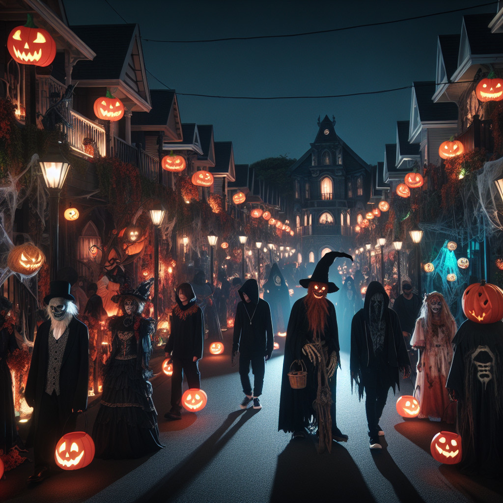 Spooky Halloween Night with Costumed Figures and Decor