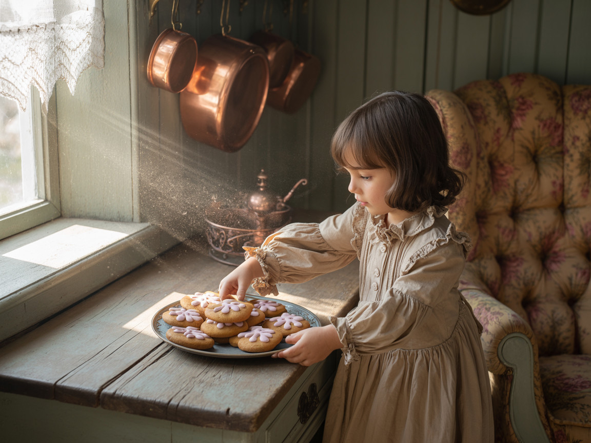 Young girl in vintage dress by sunlit window baking
