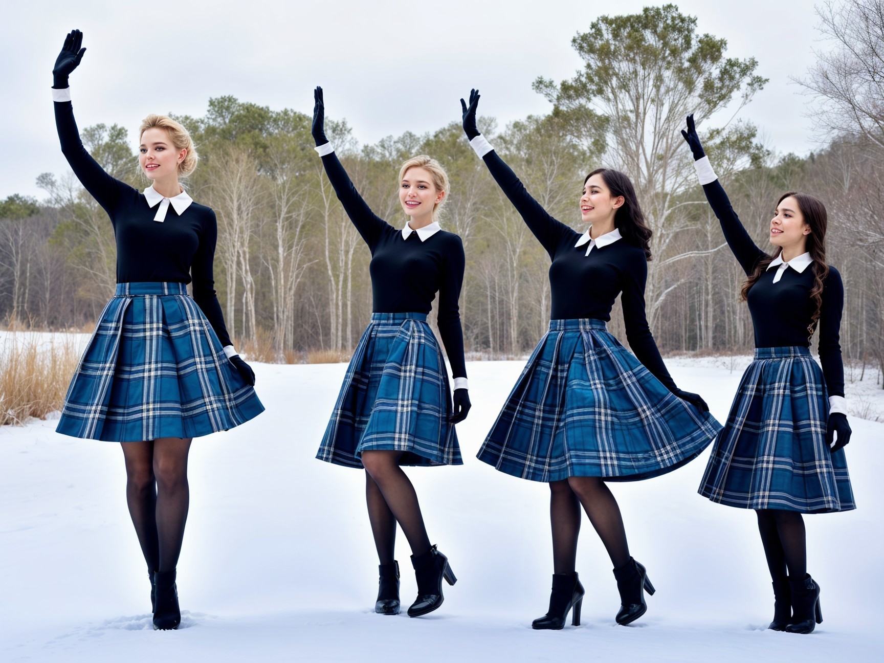 Women in Plaid Skirts in Snowy Landscape