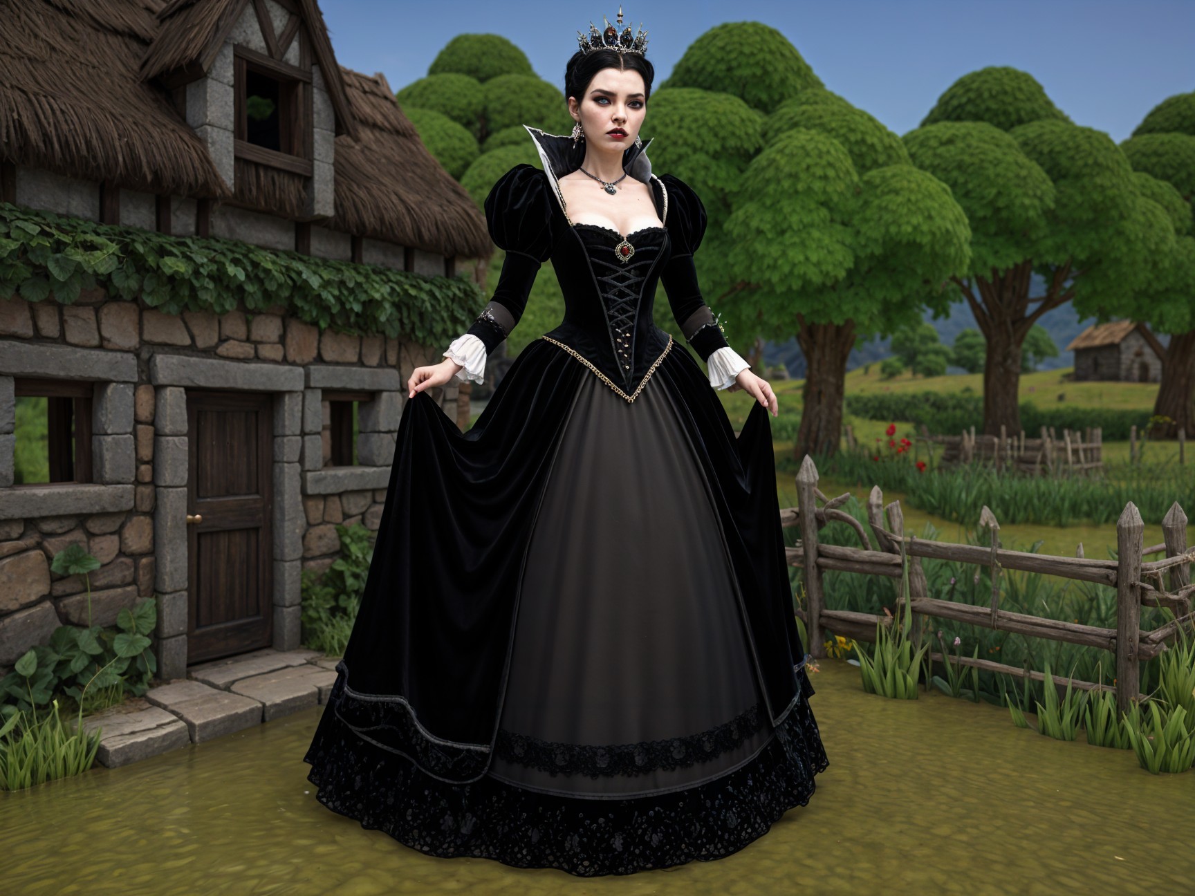 Elegant figure in black gown by rustic stone cottage